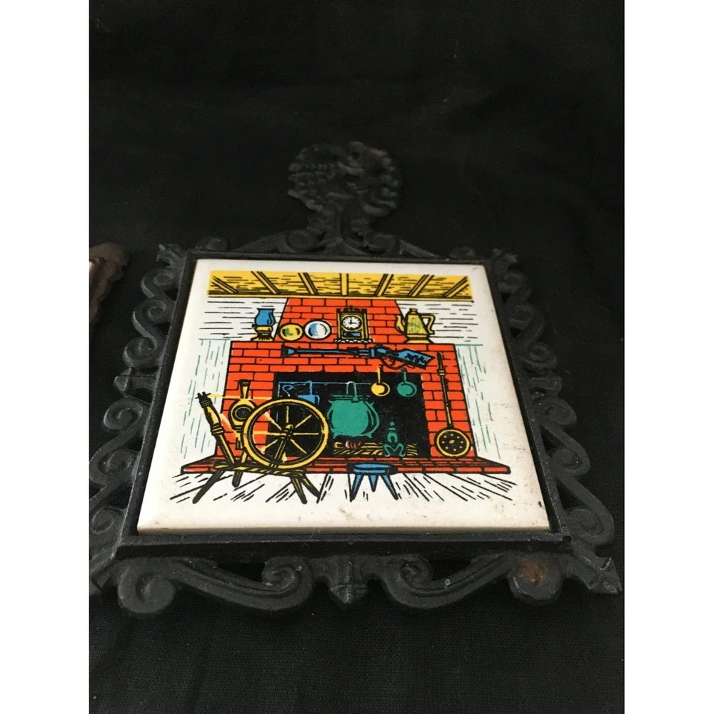 Set of 2 CHERRY cast iron vintage screen printed and cast iron‎ trivet
